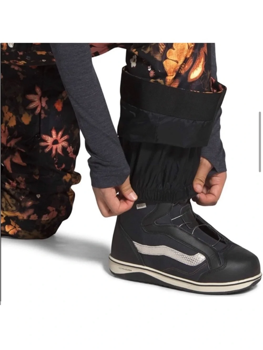 The North Face Black Floral Snow Bibs with Orange & Pink Accents - Picture 9 of 10